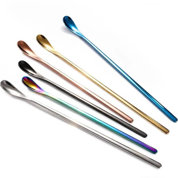 Set of 6 Long-Handle Stainless Steel Stirring Spoons 7.6 in. Iced Tea Coffee Cocktail Spoons in 6 Colors