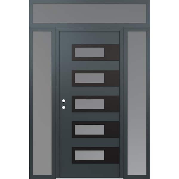 D3 68 in. x 96 in. Black P Right-Hand/Inswing Frosted Glass Anth/Anth 2-Sidelite+Transom Steel Prehung Front Door