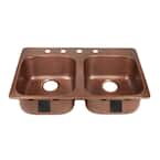 Santi Drop-In Handmade Pure Solid Copper 33 in. 4-Hole Left Side 50/50 Double Bowl Kitchen Sink in Antique Copper