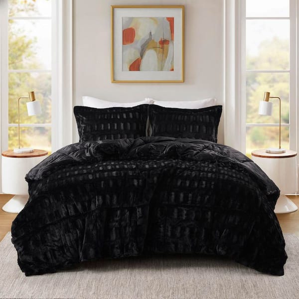 Margot Black Solid King/Cal King Polyester Faux Fur Comforter Mini Set