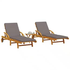 2-Piece of Solid Wood Acacia Outdoor Sun Chaise Lounge with 1 Brown Table and Dark Gray Cushions
