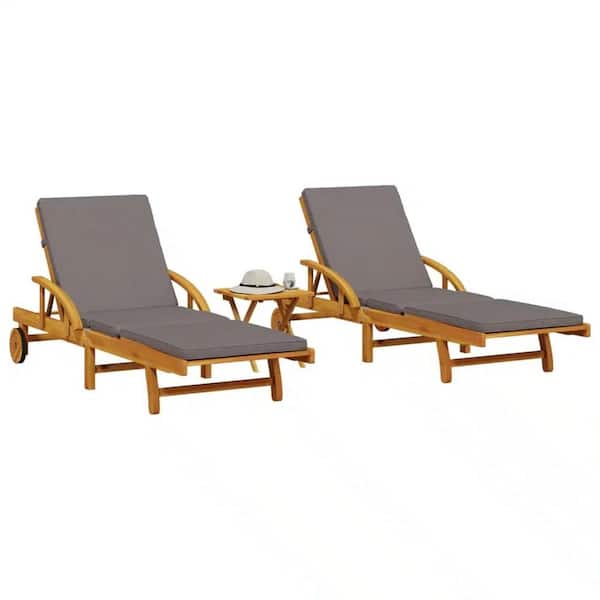 ITOPFOX 2-Piece of Solid Wood Acacia Outdoor Sun Chaise Lounge with 1 Brown Table and Dark Gray Cushions