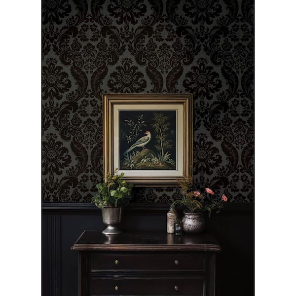 Shadow Black Flocked Damask Wallpaper
