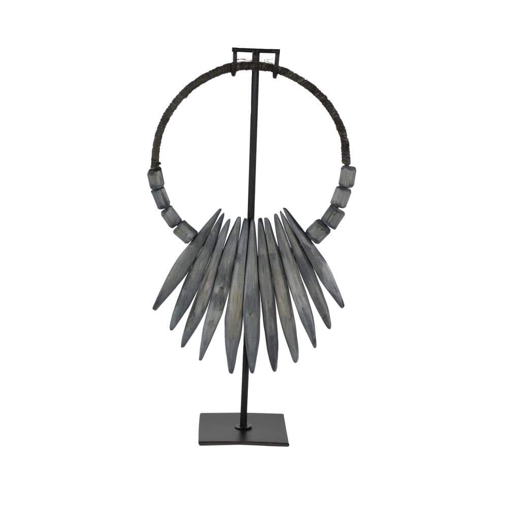 Gray Teak Wood Tribal Necklace Sculpture with Stand