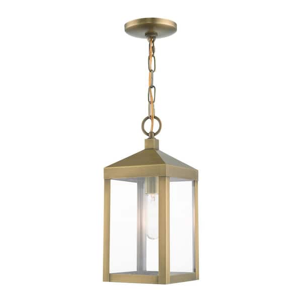 AVIANCE LIGHTING Creekview 14.5 in. 1-Light Antique Brass Dimmable Outdoor Pendant Light with Clear Glass and No Bulbs Included