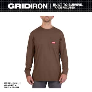 Men's Medium Brown GRIDIRON Cotton/Polyester Long-Sleeve Pocket T-Shirt