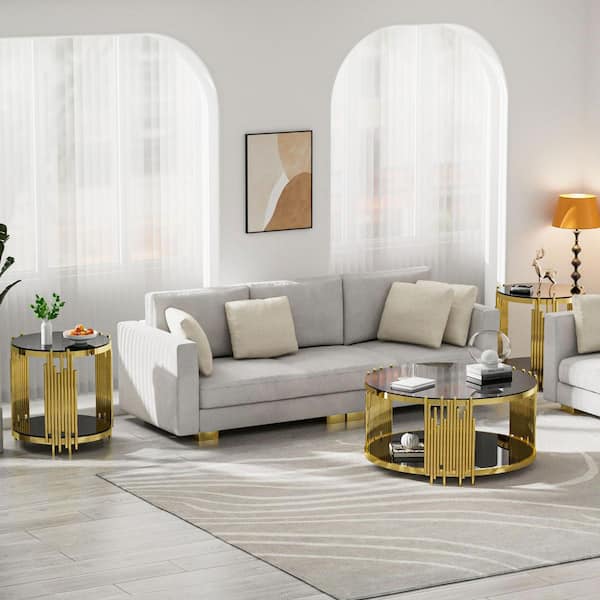 20 in. Black Round Glass Coffee Table with Tempered Glass&Gold Legs, 2-Tier Stainless Steel Center Table for Living Room