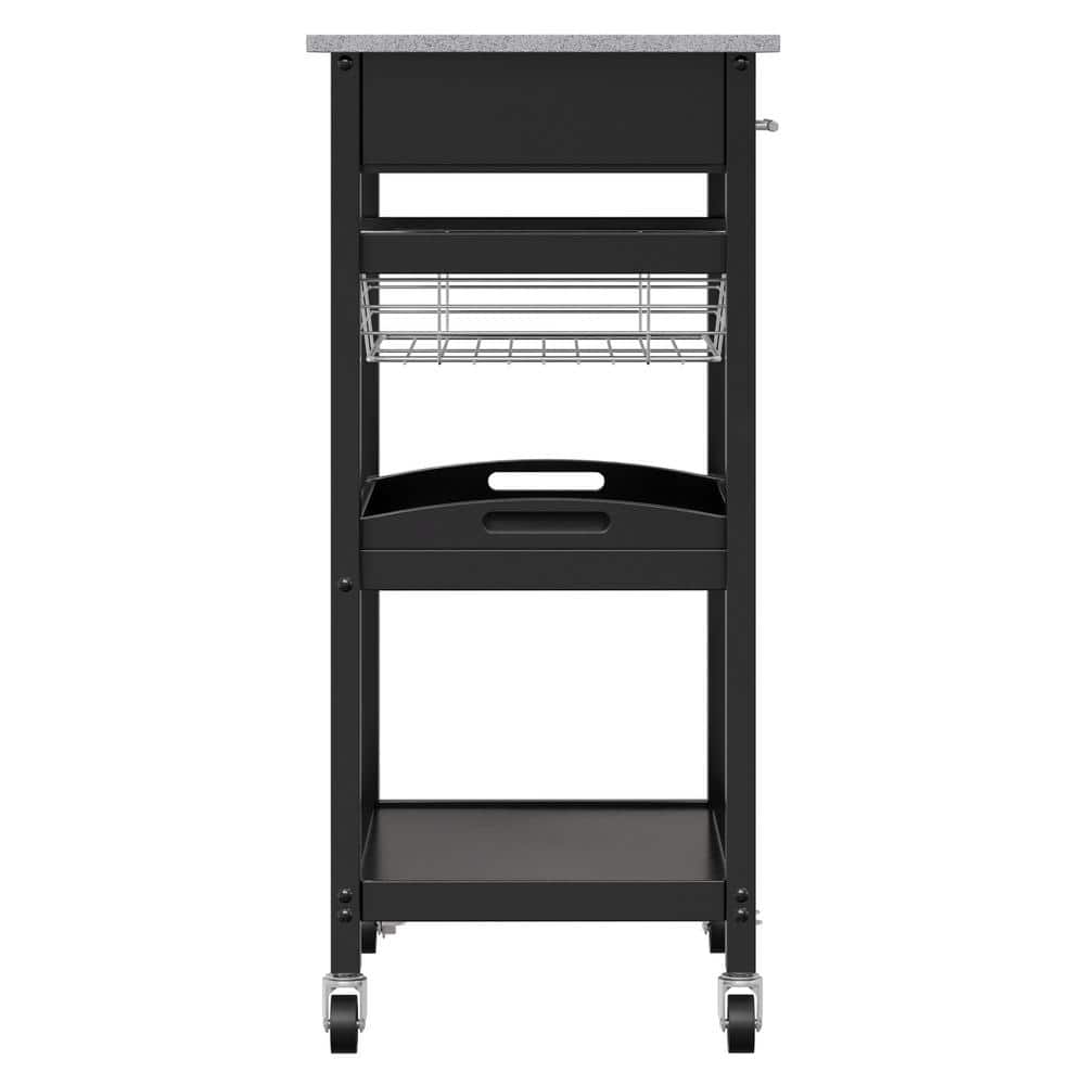 Transitional Julia Granite Top Black Kitchen Cart with Storage