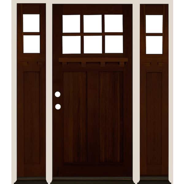 Krosswood Doors 64 in. x 80 in. Craftsman Right-Hand/Inswing Clear Glass Red Mahogany Stain Wood Prehung Front Door Double Sidelite