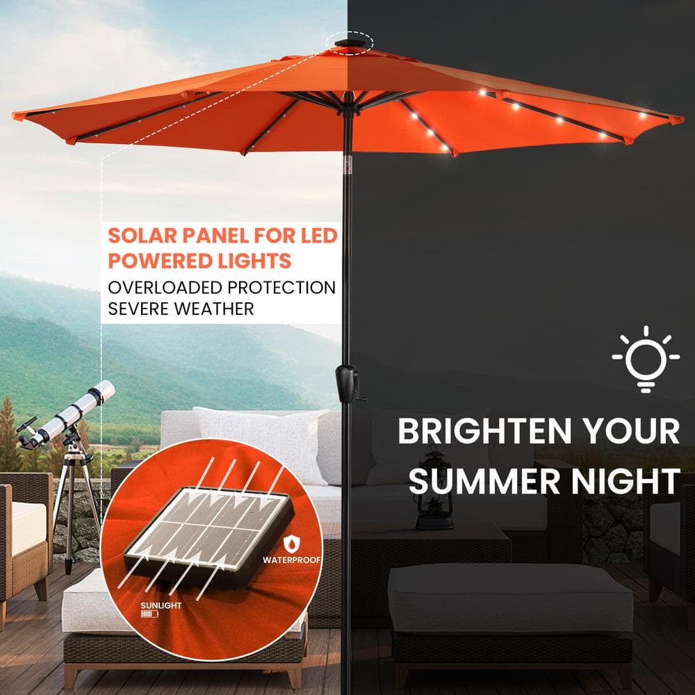 9' Orange Round Steel Patio Umbrella with Solar LED Lights