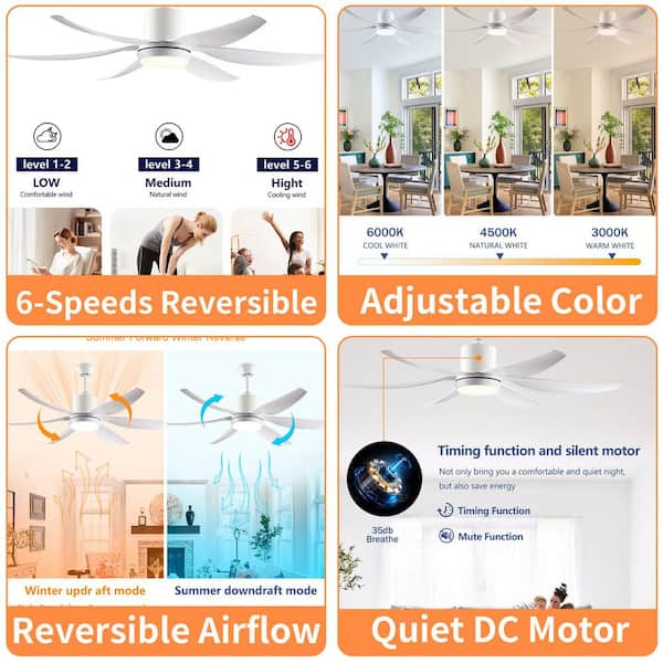 56 in. Modern Downrod Mount Ceiling Fan with Light Kit, 6 ABS Blades, 3-Color LED Light, DC Motor with 6 Speeds, Remote