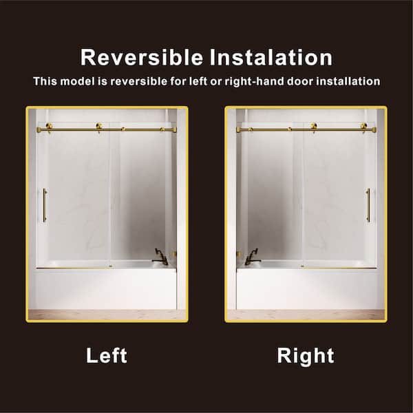UKS03 60 in. W x 66 in. H Sliding Frameless Bathtub Door in Satin Brass with EnduroShield 5/16 in. SGCC Clear Glass