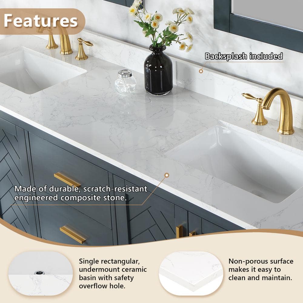 Ceres 73" Grain White Engineered Stone Double Vanity Top with Sinks