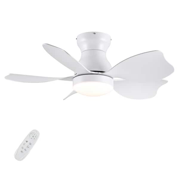 YUHAO 30 in. Indoor/Outdoor Integrated LED Light Flush Mount White Ceiling Fans with Reversible Motor and Remote Control