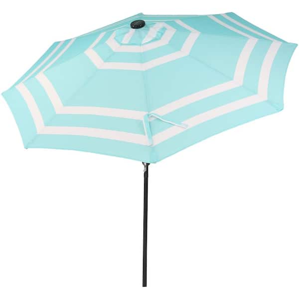 Sunnydaze 9 ft. Aluminum Market Solar Tilt Patio Umbrella in Teal Stripe