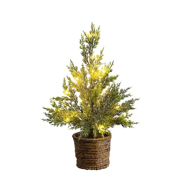 18in. Pre-Lit Artificial Snowed Cypress Christmas Tree with 15 LED Lights in Hyacinth Basket