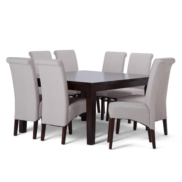 Simpli Home Avalon 9-Piece Dining Set with 6 Upholstered Dining Chairs in Natural Linen Look Fabric and 54 in. Wide Table