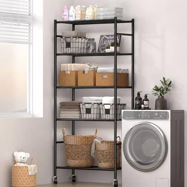 Black Heavy Duty 5-Tier Metal Storage Shelving Unit with Rotatable Wheels and Adjustable Leveling Feet