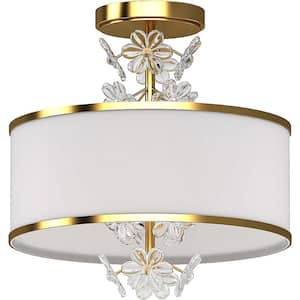 13.25 In. 3-Light Antique Gold Semi-Flush Mount with White Fabric Shade