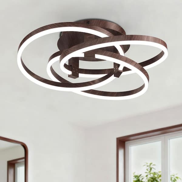 Carson 23.23 in. 3-Light Matte Walnut Metal Modern Wagon Wheel Integrated LED Semi Flush Mount For Lving Room Bedroom