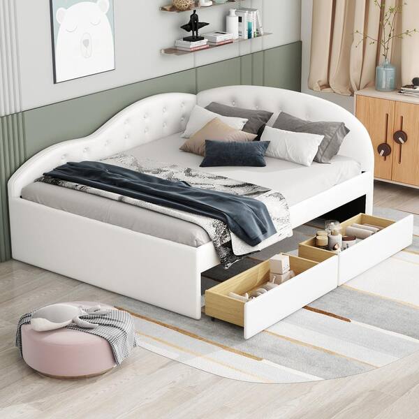 Harper & Bright Designs White Wood Frame Full Size PU Leather Upholstered Daybed with 2-Drawer, Button-Tufted Cloud-Shaped Guardrail