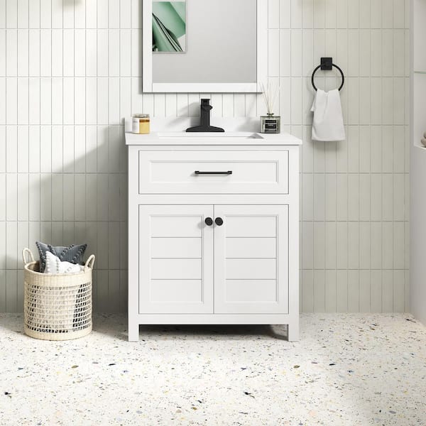 Home Decorators Collection Hanna 30 in. W x 19 in. D x 34 in. H Single Sink Bath Vanity in White with White Engineered Stone Top
