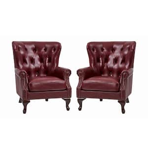 Eberhard Burgundy Genuine Leather Arm Chair with Nailhead Trims and Removable Cushion Set of 2