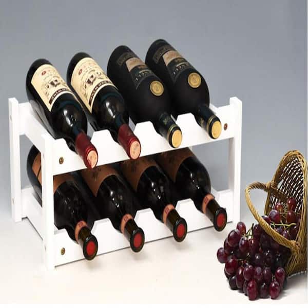 8-Bottle White Bamboo 6.5 x 9.25 x 17.7 in Two-Tier Tabletop Screw ...