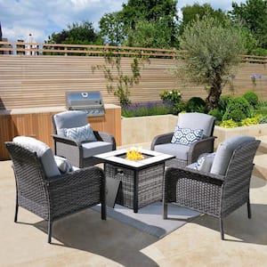 Hyacinth Gray 5-Piece Wicker Patio Outdoor Conversation Seating Set with a Square Fire Pit and Gray Cushions