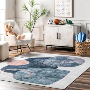 Ceara Abstract Circles Machine Washable Blue 3 ft. x 5 ft. Modern Accent Rug