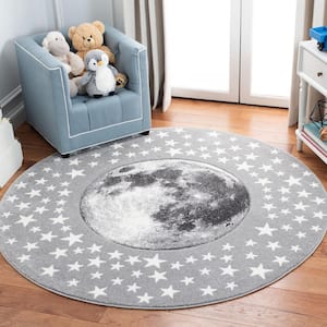 Carousel Kids Light Gray/White Doormat 3 ft. x 3 ft. Star Galaxy Round Area Rug