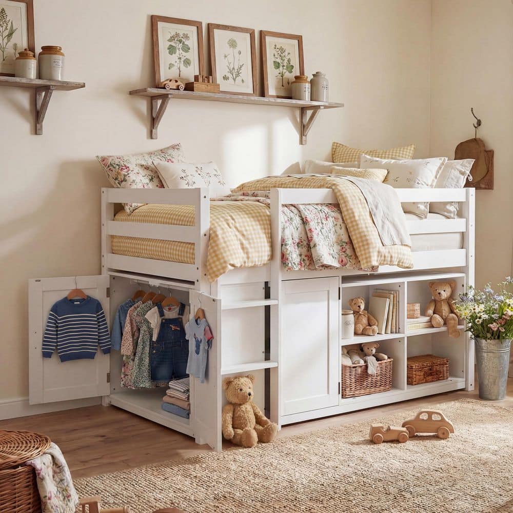 White Twin Loft Bed with Guardrails, Ladder, Cabinet Storage and Open Shelves price history on PriceWatchPro