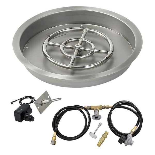 American Fire Glass 19 in. Round Stainless Steel Drop-In Fire Pit Pan with Spark Ignition Kit - Propane (12 in. Ring Burner Included)