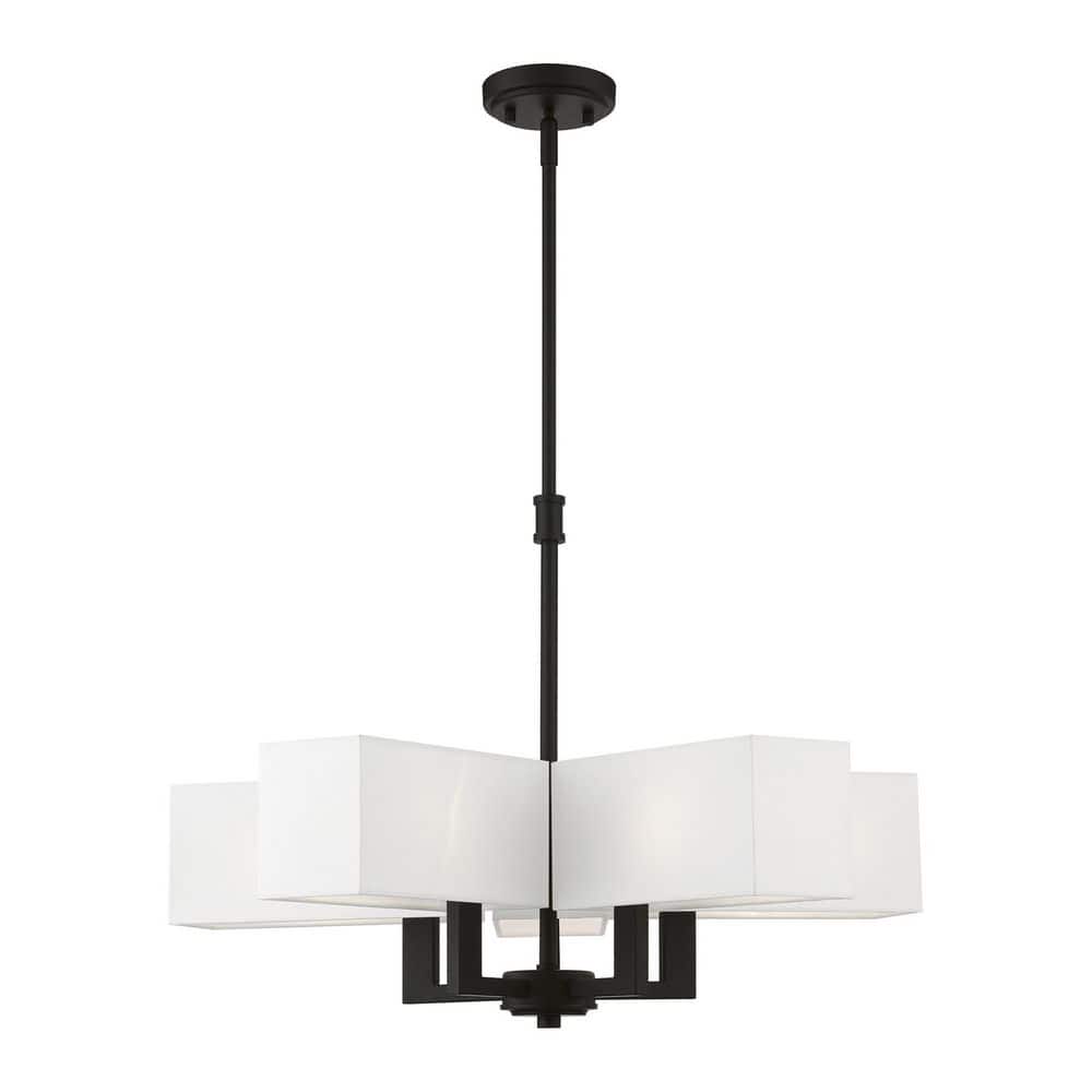 Satin Brass and Black 5-Light Chandelier with Fabric Shades