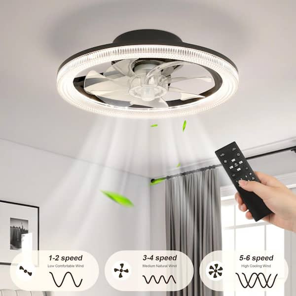 TOZING 16 in. Smart LED Indoor Black Low Profile Modern Fandelier Standard Flush Mount Ceiling Fan Light fixture with Remote
