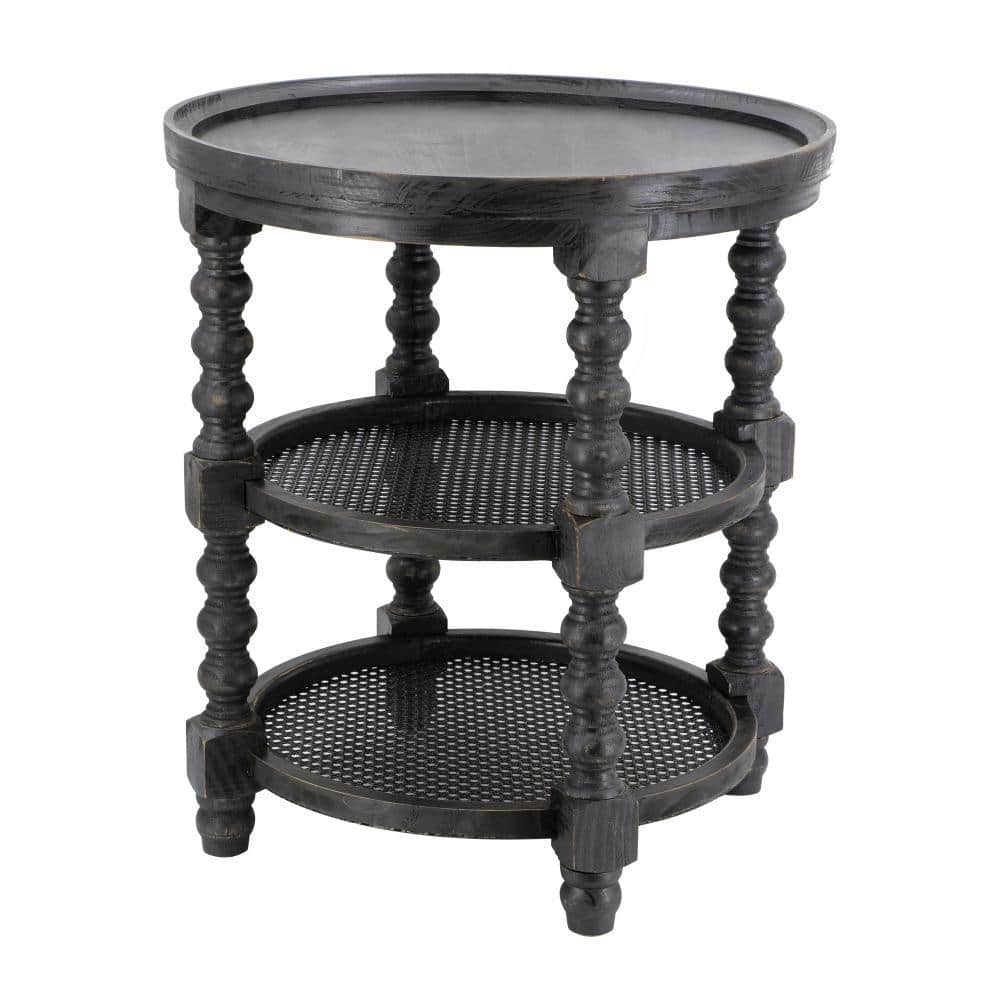 23.5 in. Black Round Wood End/Side Table with Wooden Frame