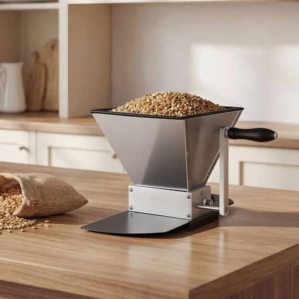 Manual Grain Mill with Adjustable Barley Crusher, 1.06 Gal. Hopper, and Durable Metal Base Plate, Homebrew Malt Grinder