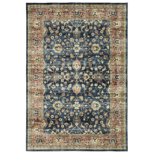 8 ft. x 11 ft. Ivory, Orange, Navy Blue Oriental Washable Area Runner Rug