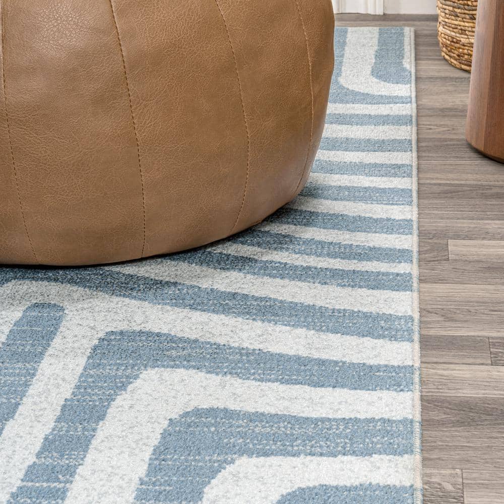 Blue and Cream Abstract Synthetic 4' x 6' Washable Area Rug