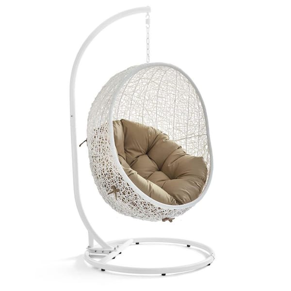 MODWAY Hide Wicker Rattan Outdoor Patio Porch Lounge Egg Swing Chair Set with Stand in White Mocha