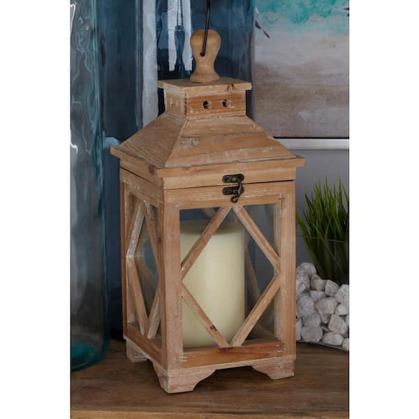 Litton Lane Brown Wood Lighthouse Style Decorative Candle Lantern (Set of 2)
