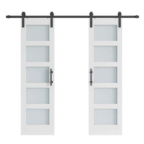 48 in. x 84 in. Double 24 in. Frosted Glass White Finished Solid Core MDF Wood Sliding Barn Door with Hardware Kit