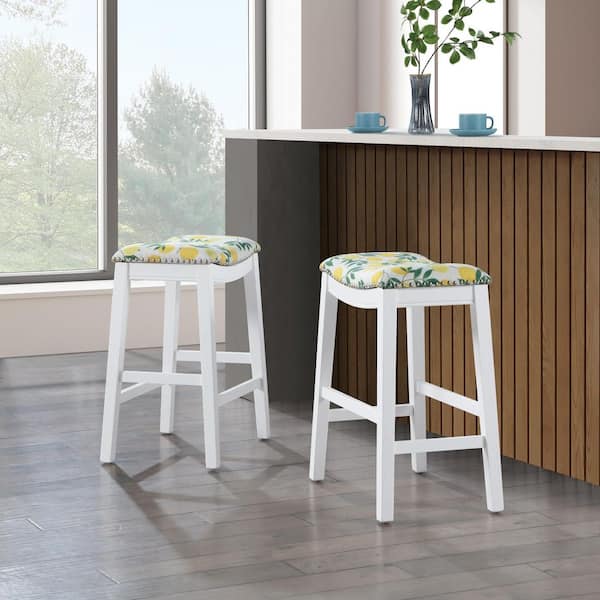 Saddle Stool 24 in. Lemons Fabric with White Wood Finish 2-Pack
