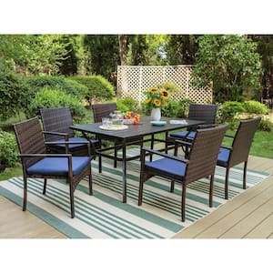 7-Piece Metal Patio Outdoor Dining Set with Rectangle Slat Table and Rattan Chair with Blue Cushion