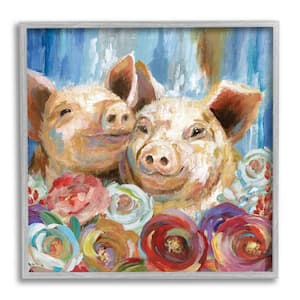 Contemporary Farm Pig Couple Soft Petal Florals By Nan Framed Print Animal Texturized Art 12 in. x 12 in.