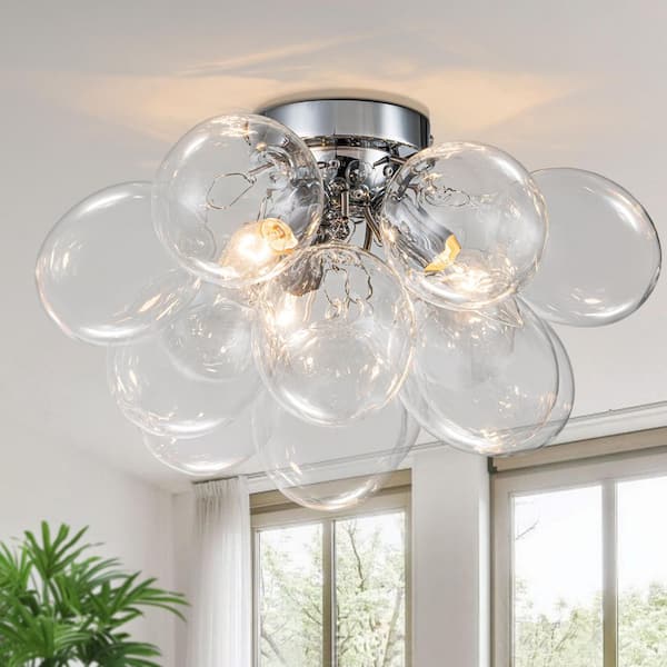 TinHon 17.7 in. 3-Light Modern Bubble Glass Flush Mount Ceiling Light in Chrome with Clear Globe Shades for Dining, Living room