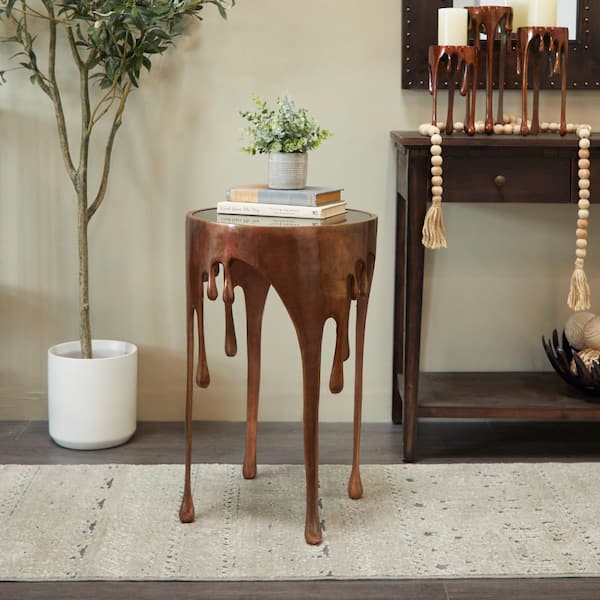 Litton Lane 16 in. Copper Drip Large Round Glass End Table with Melting Design and Shaded Glass Top
