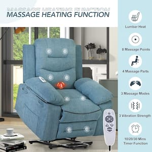 Blue Linen Fabric Power Lift Massage Recliner with Adjustable Massage and Heating Function