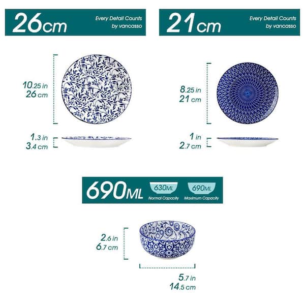 Numhew 18-Piece Blue Porcelain Dinnerware Sets, Plates and Bowls