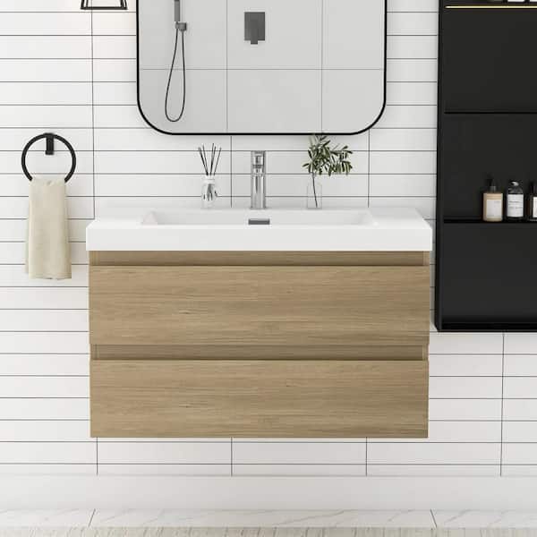 JimsMaison 36 in. W x 20 in. D x 22 in. H Single Sink Floating Bath Vanity in Natural Oak with Glossy White Resin Top